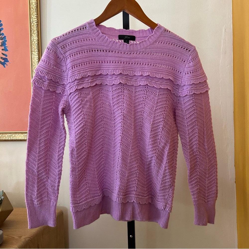 J. Crew Wool Crewneck Scalloped Pointelle Sweater Knit Dainty Boho Purple Size S